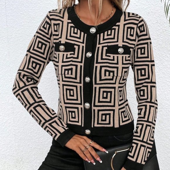 Black & Tan Preppy Womens Geo Pattern Contrast Trim Button Front Crop Cardigan - Picture 4 of 5